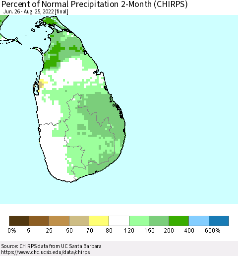Sri Lanka Percent of Normal Precipitation 2-Month (CHIRPS) Thematic Map For 6/26/2022 - 8/25/2022