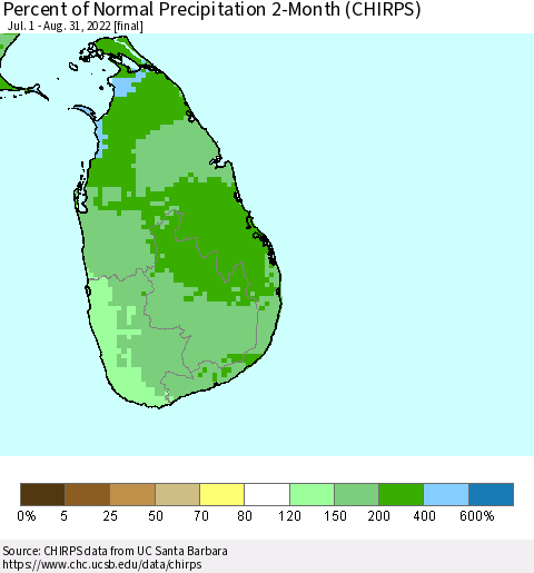 Sri Lanka Percent of Normal Precipitation 2-Month (CHIRPS) Thematic Map For 7/1/2022 - 8/31/2022