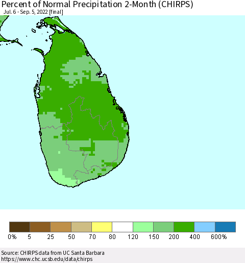 Sri Lanka Percent of Normal Precipitation 2-Month (CHIRPS) Thematic Map For 7/6/2022 - 9/5/2022