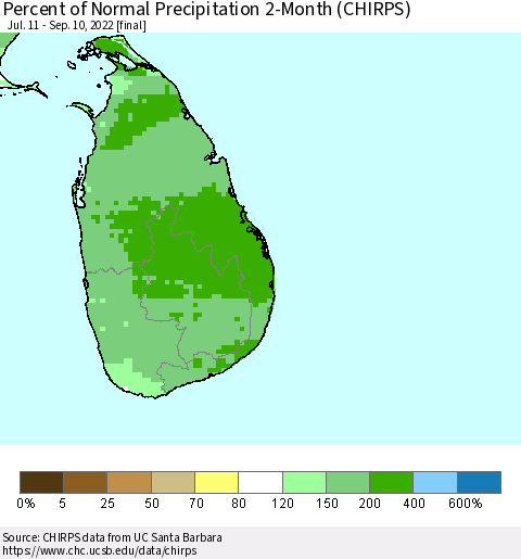 Sri Lanka Percent of Normal Precipitation 2-Month (CHIRPS) Thematic Map For 7/11/2022 - 9/10/2022