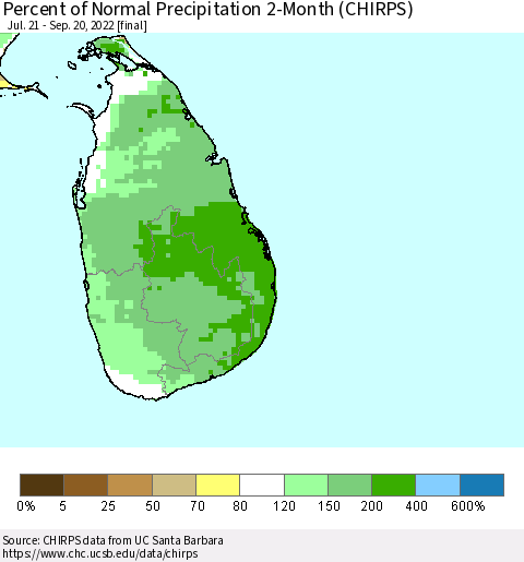 Sri Lanka Percent of Normal Precipitation 2-Month (CHIRPS) Thematic Map For 7/21/2022 - 9/20/2022