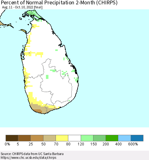 Sri Lanka Percent of Normal Precipitation 2-Month (CHIRPS) Thematic Map For 8/11/2022 - 10/10/2022