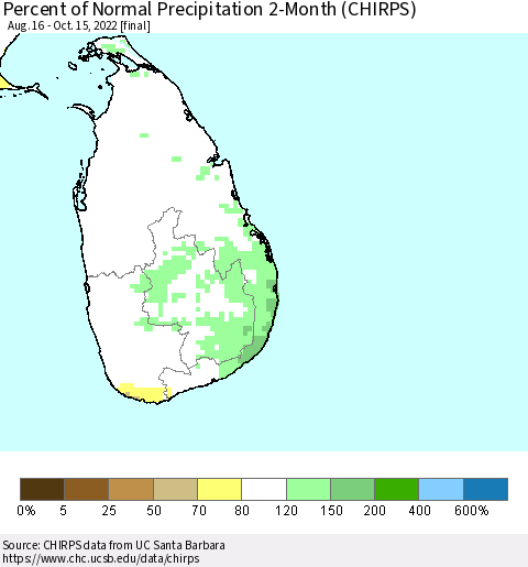 Sri Lanka Percent of Normal Precipitation 2-Month (CHIRPS) Thematic Map For 8/16/2022 - 10/15/2022