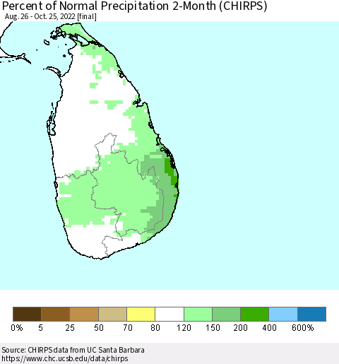 Sri Lanka Percent of Normal Precipitation 2-Month (CHIRPS) Thematic Map For 8/26/2022 - 10/25/2022