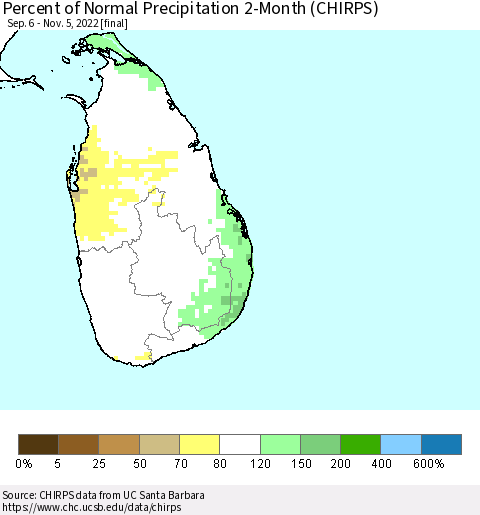 Sri Lanka Percent of Normal Precipitation 2-Month (CHIRPS) Thematic Map For 9/6/2022 - 11/5/2022
