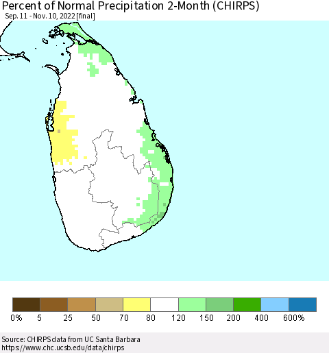 Sri Lanka Percent of Normal Precipitation 2-Month (CHIRPS) Thematic Map For 9/11/2022 - 11/10/2022