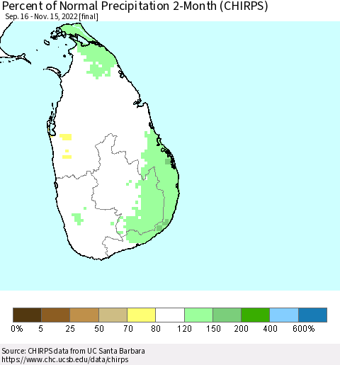 Sri Lanka Percent of Normal Precipitation 2-Month (CHIRPS) Thematic Map For 9/16/2022 - 11/15/2022