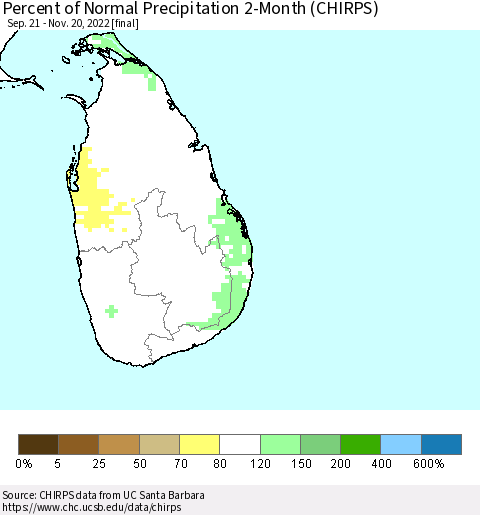 Sri Lanka Percent of Normal Precipitation 2-Month (CHIRPS) Thematic Map For 9/21/2022 - 11/20/2022