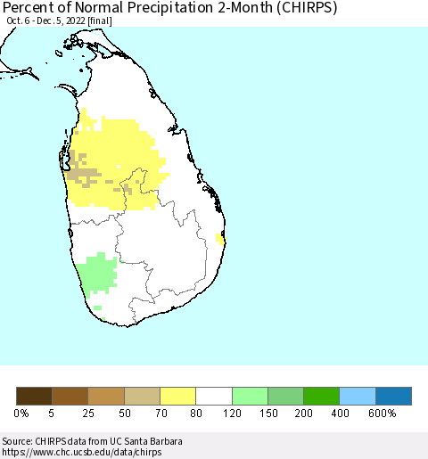Sri Lanka Percent of Normal Precipitation 2-Month (CHIRPS) Thematic Map For 10/6/2022 - 12/5/2022