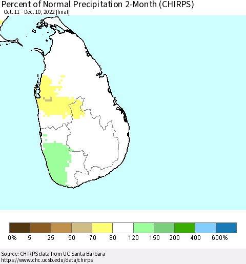 Sri Lanka Percent of Normal Precipitation 2-Month (CHIRPS) Thematic Map For 10/11/2022 - 12/10/2022