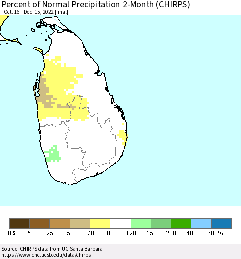 Sri Lanka Percent of Normal Precipitation 2-Month (CHIRPS) Thematic Map For 10/16/2022 - 12/15/2022