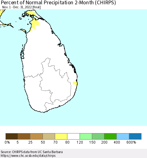 Sri Lanka Percent of Normal Precipitation 2-Month (CHIRPS) Thematic Map For 11/1/2022 - 12/31/2022