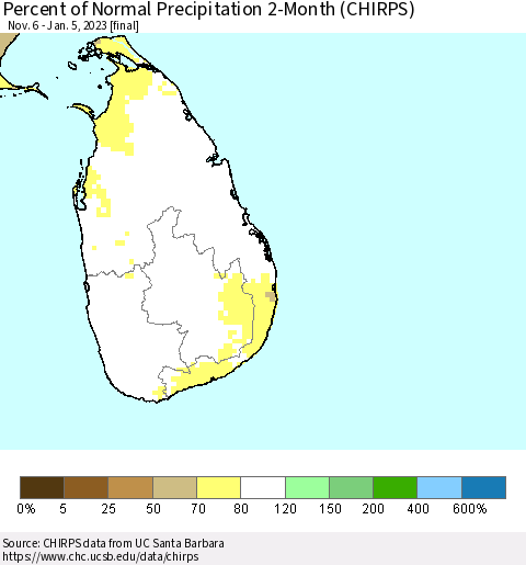Sri Lanka Percent of Normal Precipitation 2-Month (CHIRPS) Thematic Map For 11/6/2022 - 1/5/2023