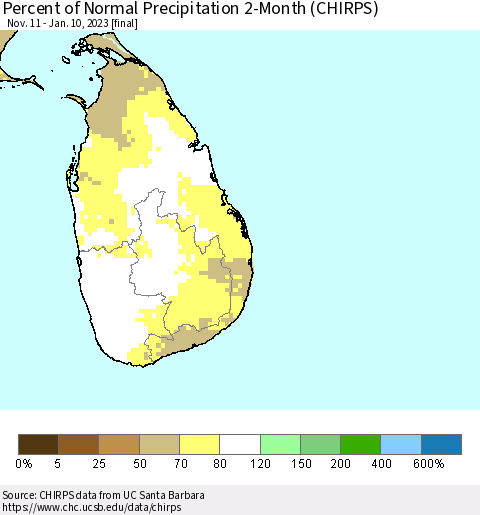Sri Lanka Percent of Normal Precipitation 2-Month (CHIRPS) Thematic Map For 11/11/2022 - 1/10/2023