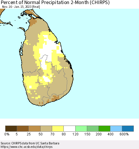 Sri Lanka Percent of Normal Precipitation 2-Month (CHIRPS) Thematic Map For 11/16/2022 - 1/15/2023