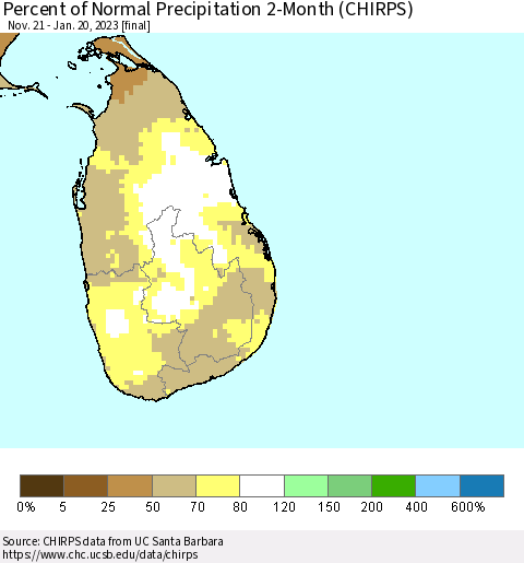 Sri Lanka Percent of Normal Precipitation 2-Month (CHIRPS) Thematic Map For 11/21/2022 - 1/20/2023