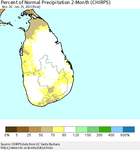 Sri Lanka Percent of Normal Precipitation 2-Month (CHIRPS) Thematic Map For 11/26/2022 - 1/25/2023