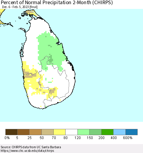 Sri Lanka Percent of Normal Precipitation 2-Month (CHIRPS) Thematic Map For 12/6/2022 - 2/5/2023