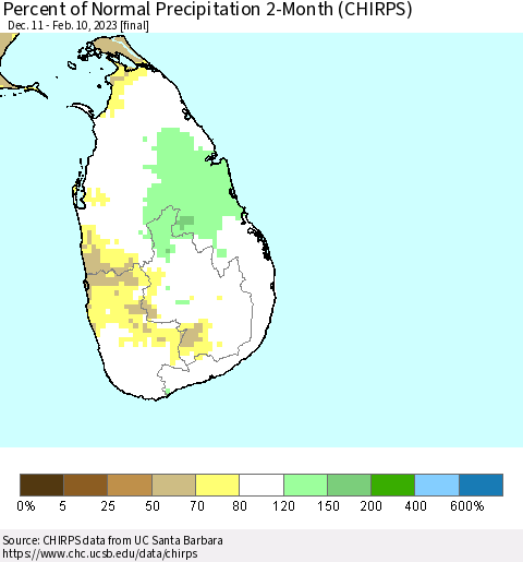 Sri Lanka Percent of Normal Precipitation 2-Month (CHIRPS) Thematic Map For 12/11/2022 - 2/10/2023