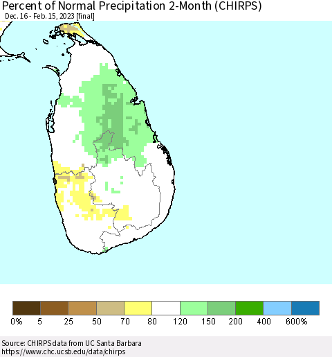 Sri Lanka Percent of Normal Precipitation 2-Month (CHIRPS) Thematic Map For 12/16/2022 - 2/15/2023