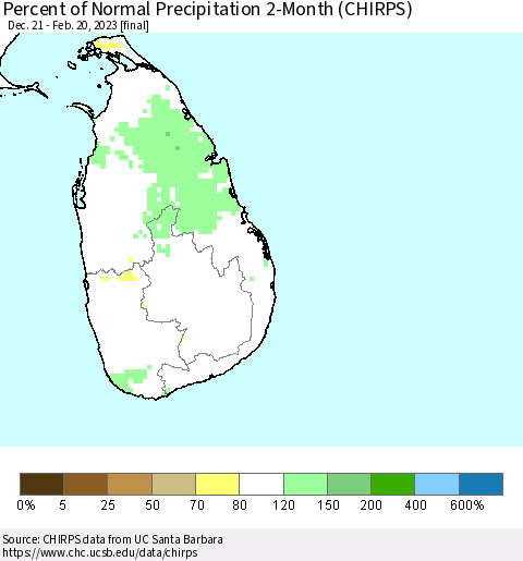Sri Lanka Percent of Normal Precipitation 2-Month (CHIRPS) Thematic Map For 12/21/2022 - 2/20/2023