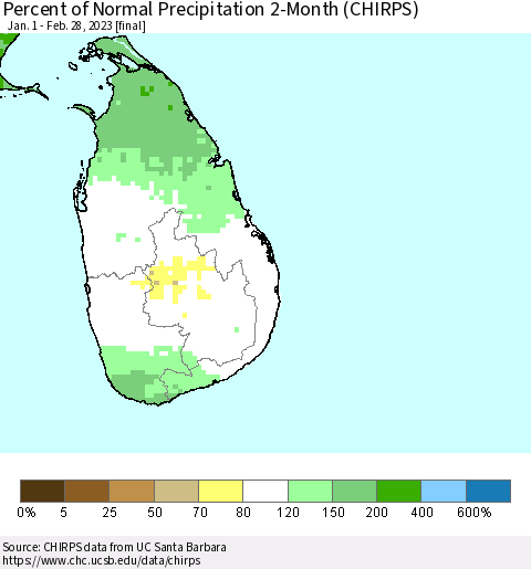 Sri Lanka Percent of Normal Precipitation 2-Month (CHIRPS) Thematic Map For 1/1/2023 - 2/28/2023