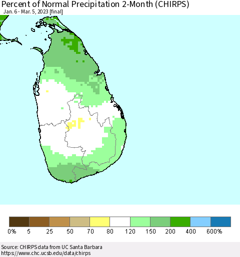Sri Lanka Percent of Normal Precipitation 2-Month (CHIRPS) Thematic Map For 1/6/2023 - 3/5/2023