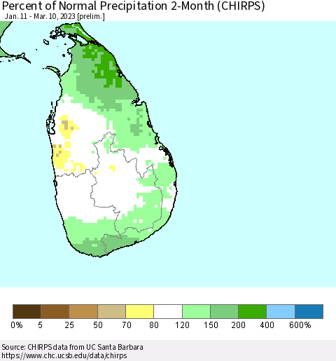 Sri Lanka Percent of Normal Precipitation 2-Month (CHIRPS) Thematic Map For 1/11/2023 - 3/10/2023