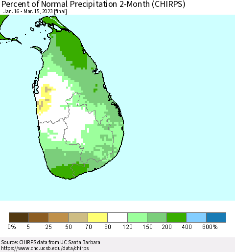 Sri Lanka Percent of Normal Precipitation 2-Month (CHIRPS) Thematic Map For 1/16/2023 - 3/15/2023