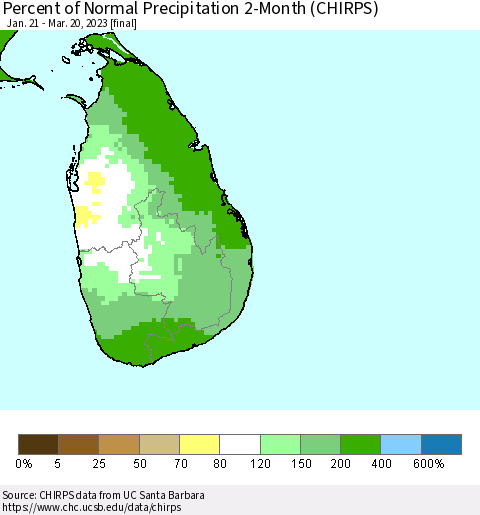 Sri Lanka Percent of Normal Precipitation 2-Month (CHIRPS) Thematic Map For 1/21/2023 - 3/20/2023