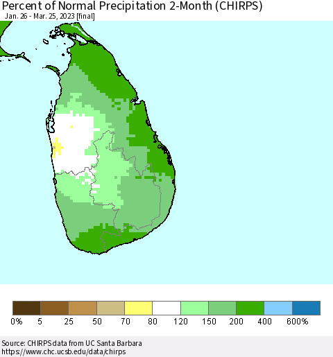 Sri Lanka Percent of Normal Precipitation 2-Month (CHIRPS) Thematic Map For 1/26/2023 - 3/25/2023