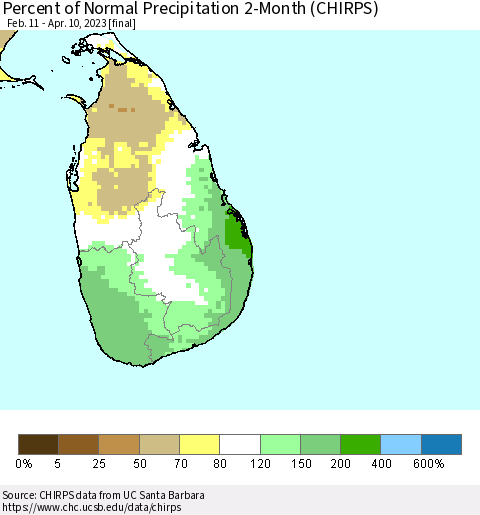 Sri Lanka Percent of Normal Precipitation 2-Month (CHIRPS) Thematic Map For 2/11/2023 - 4/10/2023