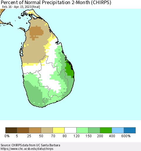 Sri Lanka Percent of Normal Precipitation 2-Month (CHIRPS) Thematic Map For 2/16/2023 - 4/15/2023