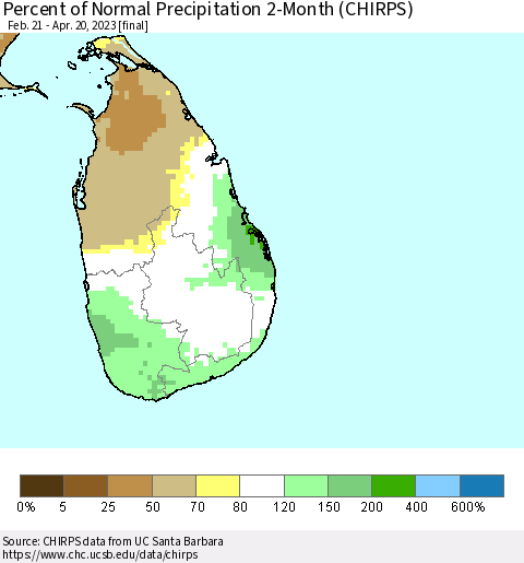 Sri Lanka Percent of Normal Precipitation 2-Month (CHIRPS) Thematic Map For 2/21/2023 - 4/20/2023