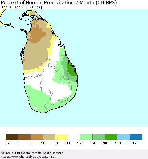 Sri Lanka Percent of Normal Precipitation 2-Month (CHIRPS) Thematic Map For 2/26/2023 - 4/25/2023