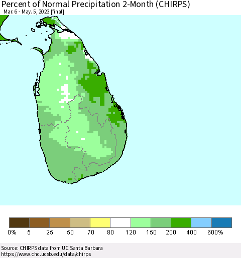 Sri Lanka Percent of Normal Precipitation 2-Month (CHIRPS) Thematic Map For 3/6/2023 - 5/5/2023