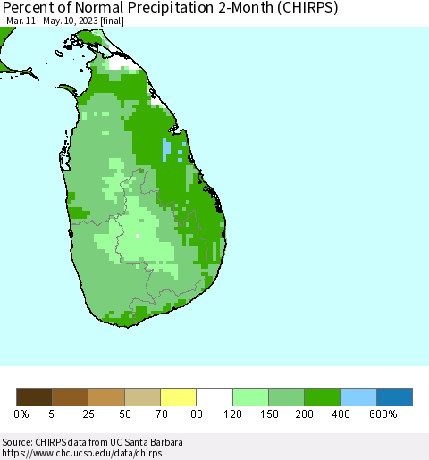 Sri Lanka Percent of Normal Precipitation 2-Month (CHIRPS) Thematic Map For 3/11/2023 - 5/10/2023
