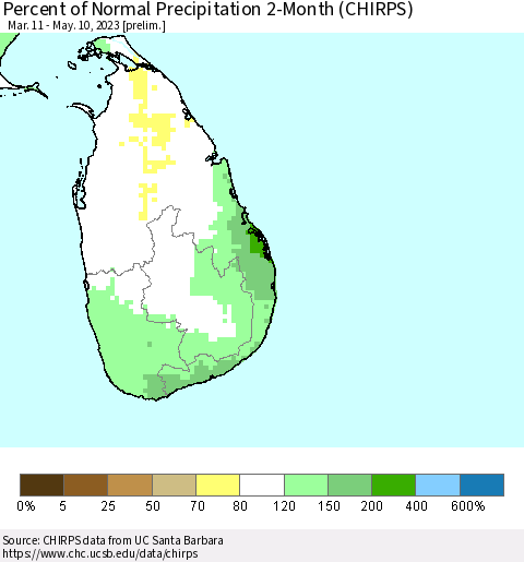 Sri Lanka Percent of Normal Precipitation 2-Month (CHIRPS) Thematic Map For 3/11/2023 - 5/10/2023