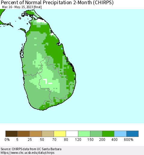 Sri Lanka Percent of Normal Precipitation 2-Month (CHIRPS) Thematic Map For 3/16/2023 - 5/15/2023