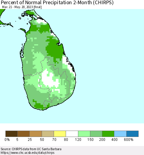 Sri Lanka Percent of Normal Precipitation 2-Month (CHIRPS) Thematic Map For 3/21/2023 - 5/20/2023