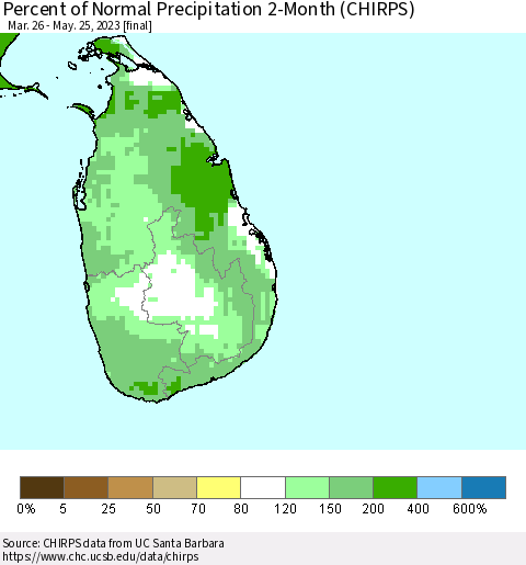 Sri Lanka Percent of Normal Precipitation 2-Month (CHIRPS) Thematic Map For 3/26/2023 - 5/25/2023