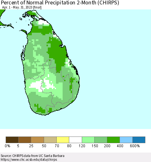 Sri Lanka Percent of Normal Precipitation 2-Month (CHIRPS) Thematic Map For 4/1/2023 - 5/31/2023