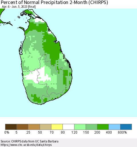 Sri Lanka Percent of Normal Precipitation 2-Month (CHIRPS) Thematic Map For 4/6/2023 - 6/5/2023