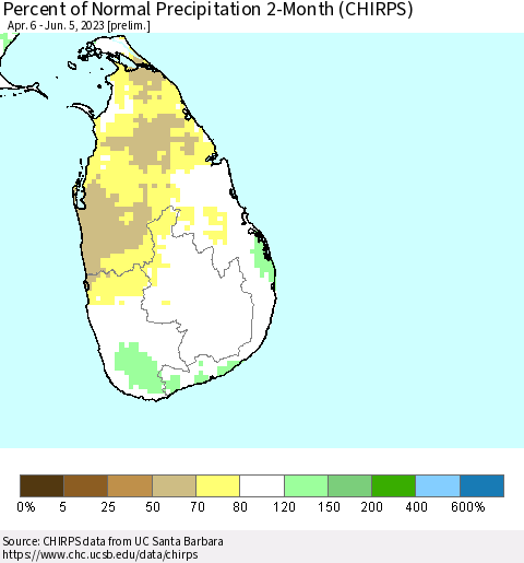 Sri Lanka Percent of Normal Precipitation 2-Month (CHIRPS) Thematic Map For 4/6/2023 - 6/5/2023