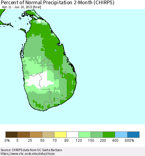 Sri Lanka Percent of Normal Precipitation 2-Month (CHIRPS) Thematic Map For 4/11/2023 - 6/10/2023