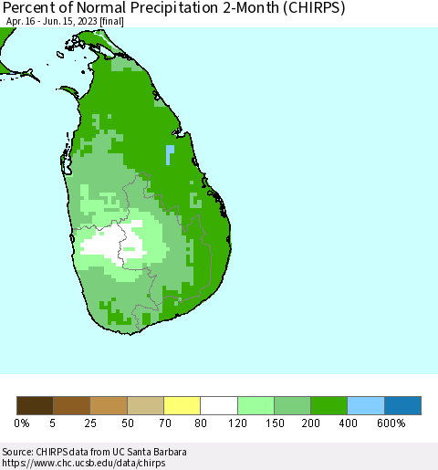 Sri Lanka Percent of Normal Precipitation 2-Month (CHIRPS) Thematic Map For 4/16/2023 - 6/15/2023