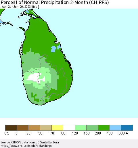 Sri Lanka Percent of Normal Precipitation 2-Month (CHIRPS) Thematic Map For 4/21/2023 - 6/20/2023