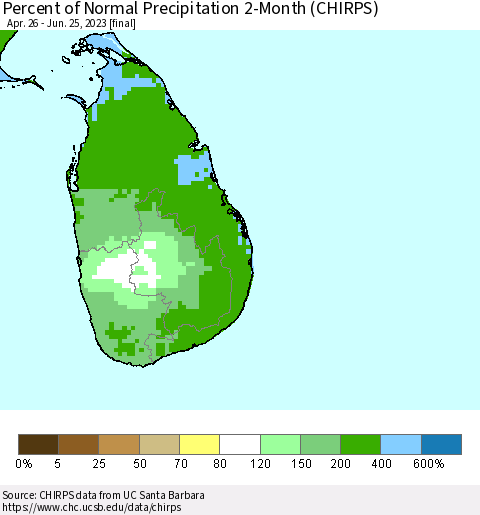 Sri Lanka Percent of Normal Precipitation 2-Month (CHIRPS) Thematic Map For 4/26/2023 - 6/25/2023