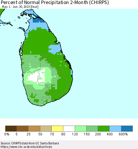 Sri Lanka Percent of Normal Precipitation 2-Month (CHIRPS) Thematic Map For 5/1/2023 - 6/30/2023