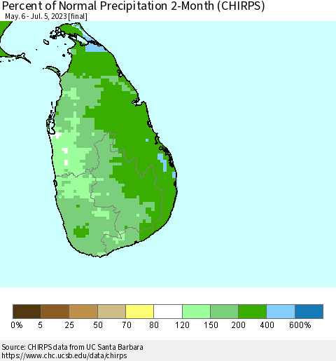 Sri Lanka Percent of Normal Precipitation 2-Month (CHIRPS) Thematic Map For 5/6/2023 - 7/5/2023